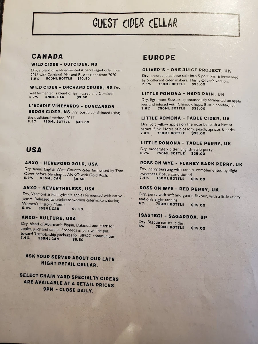 Menu, Chain Yard Urban Cidery & Taproom
