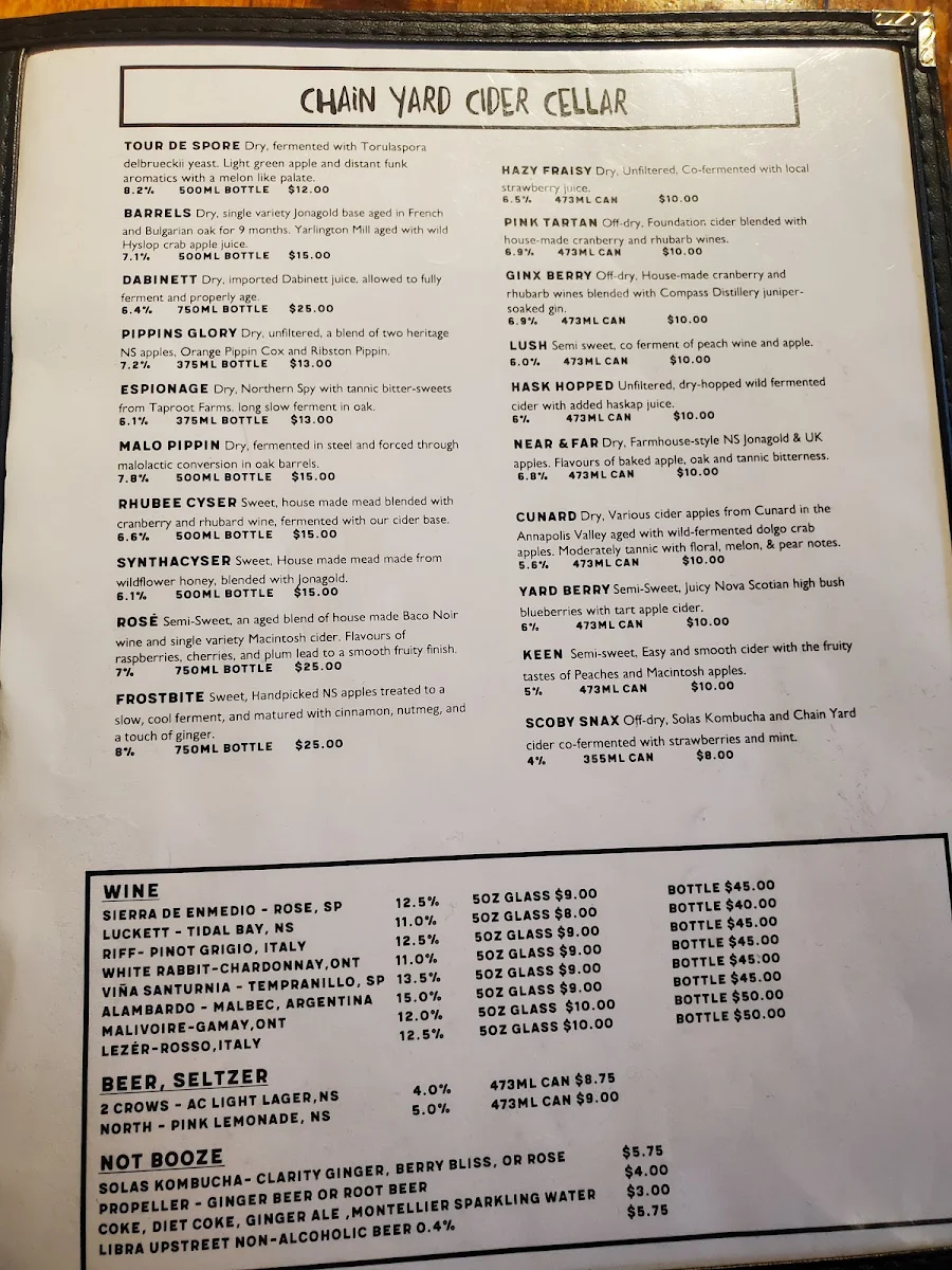 Menu, Chain Yard Urban Cidery & Taproom