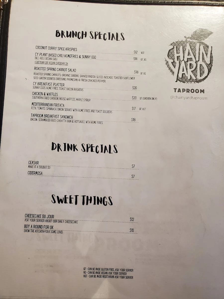 Menu, Chain Yard Urban Cidery & Taproom