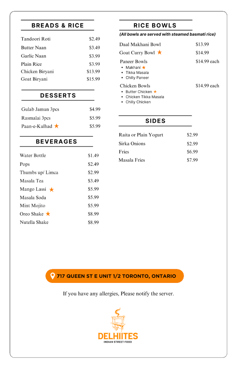 Menu, Delhiites | Indian Street Food