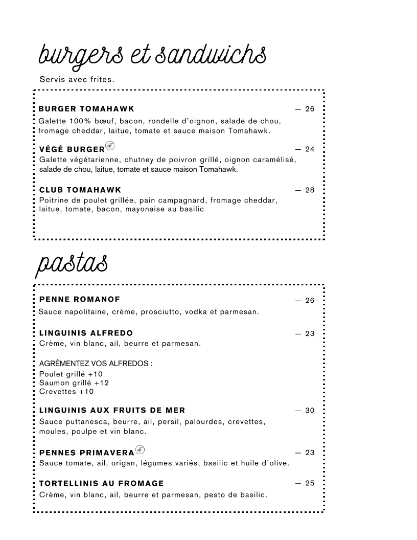 Menu, Restaurant Tomahawk grill - Saguenay