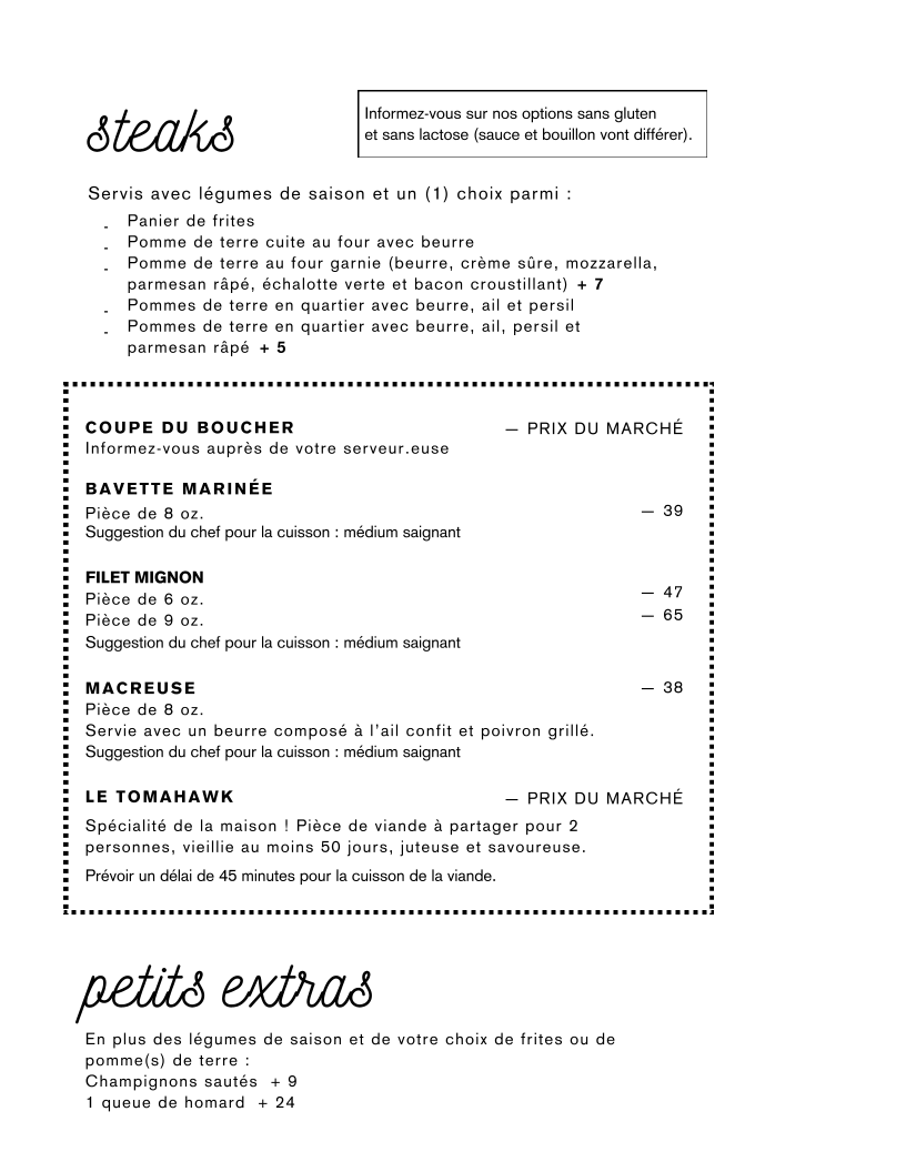 Menu, Restaurant Tomahawk grill - Saguenay