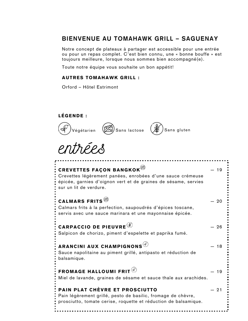 Menu, Restaurant Tomahawk grill - Saguenay