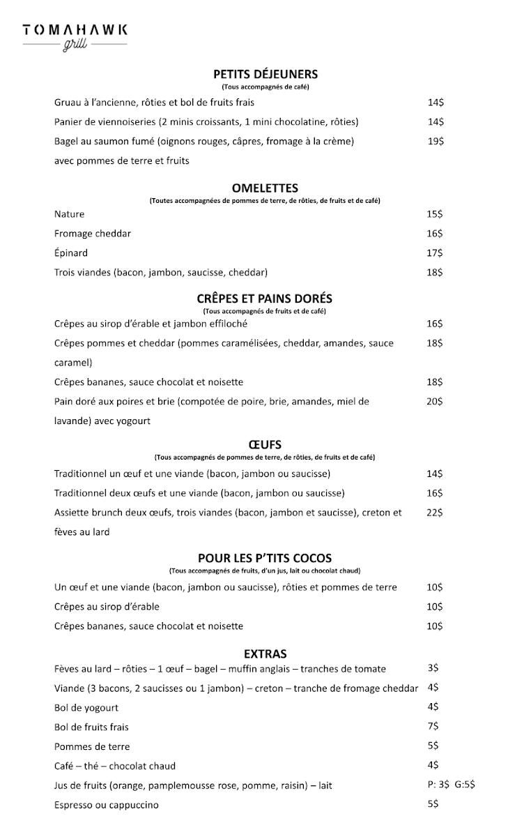 Menu, Restaurant Tomahawk grill - Saguenay