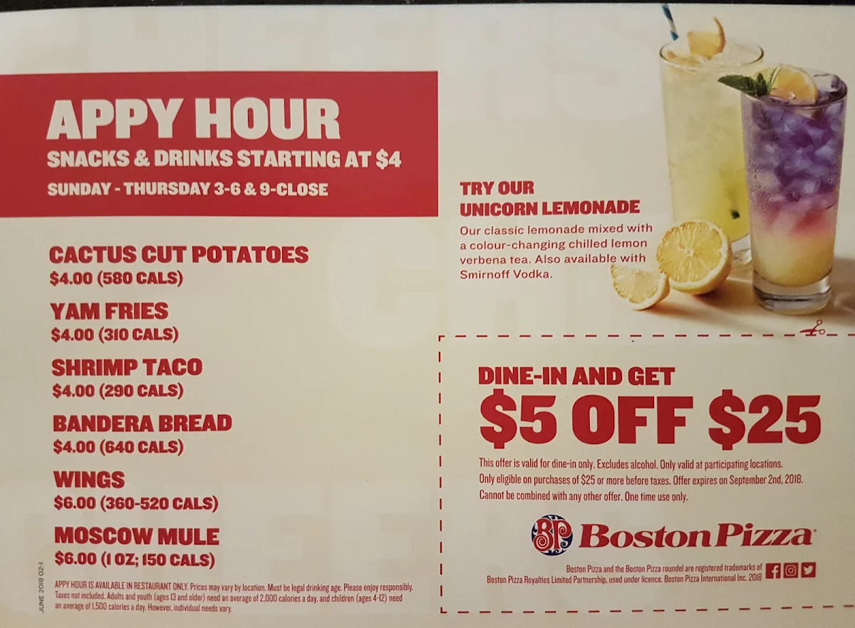 Menu, Boston Pizza