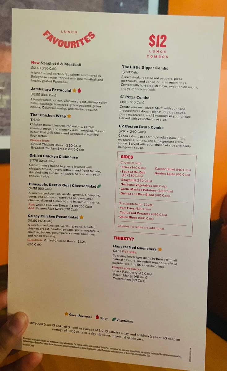 Menu, Boston Pizza
