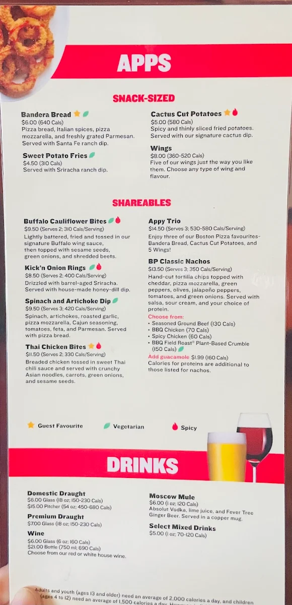 Menu, Boston Pizza