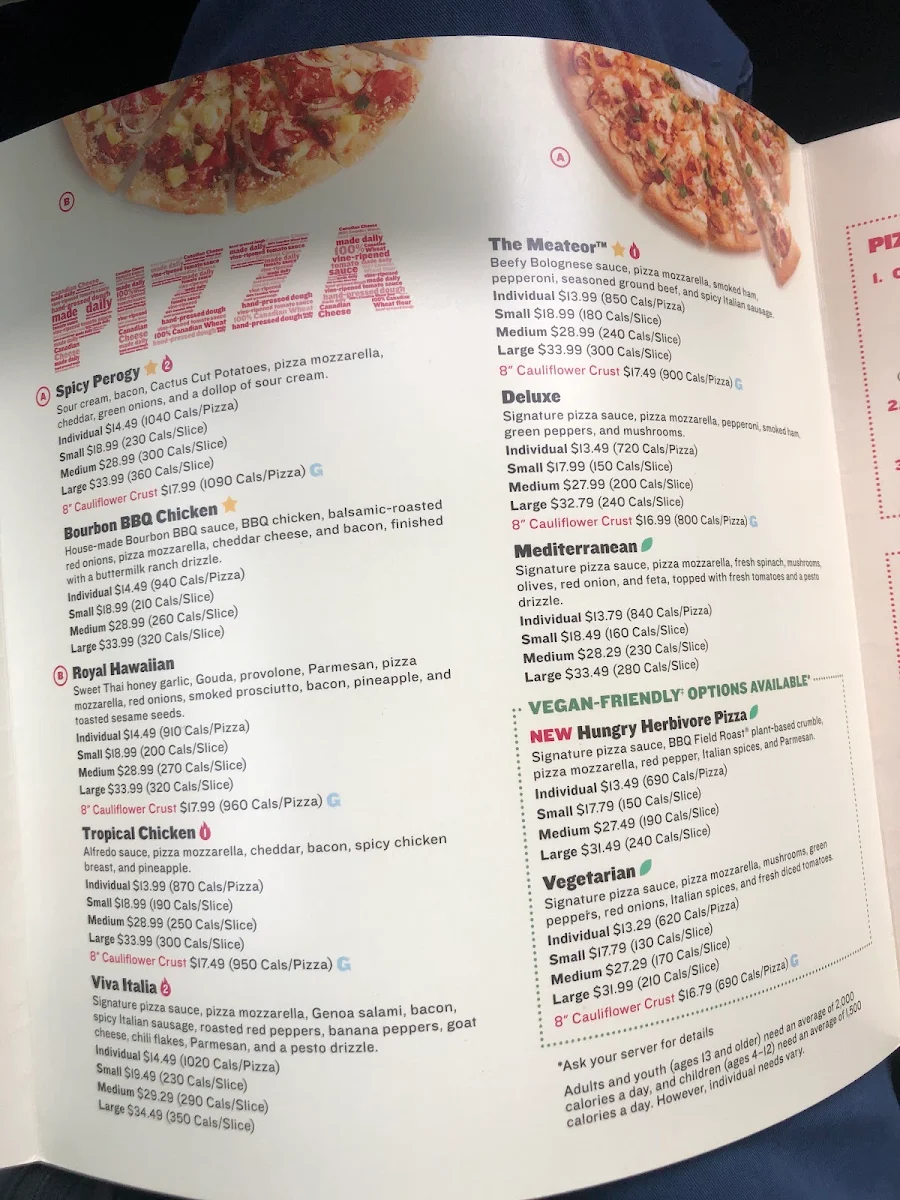 Menu, Boston Pizza