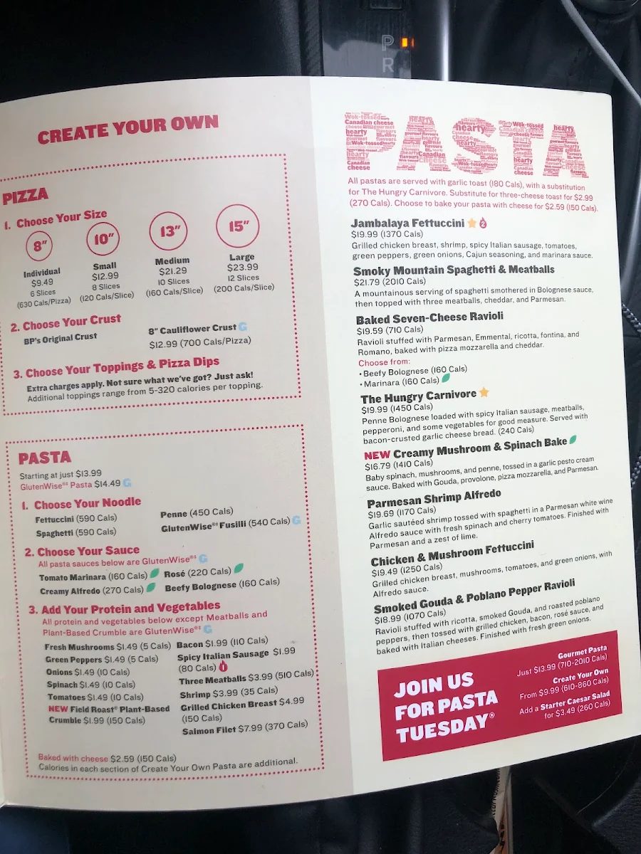 Menu, Boston Pizza