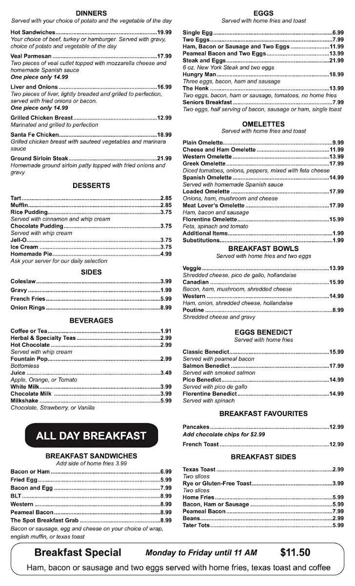 Menu, The Spot Restaurant