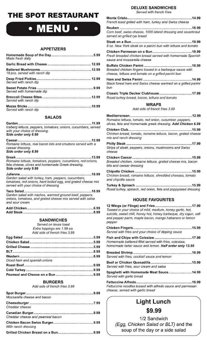 Menu, The Spot Restaurant