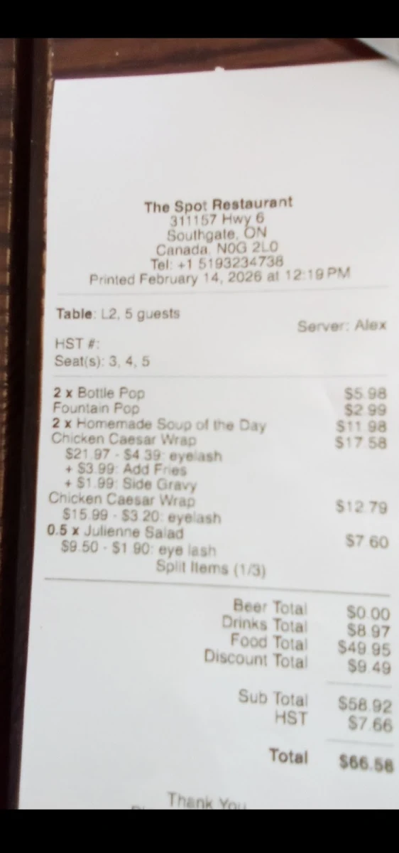 Menu, The Spot Restaurant