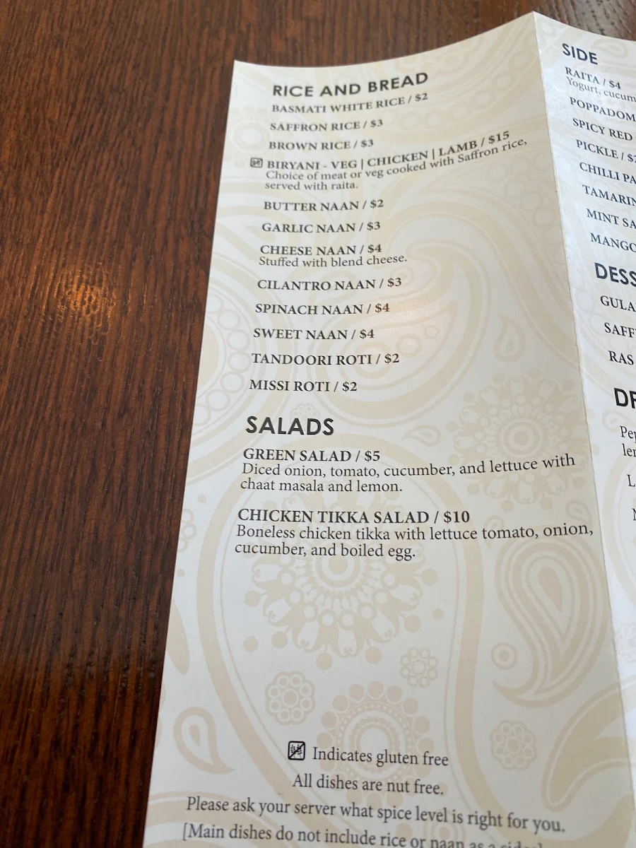 Menu, Made in India Restaurant