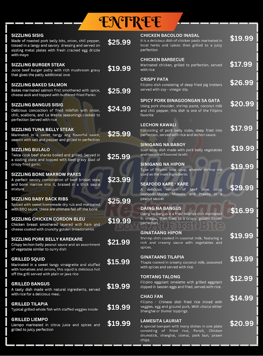 Menu, La Mesita Restaurant