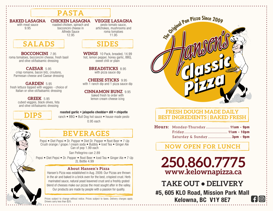 Menu, Hansen's Classic Pizza