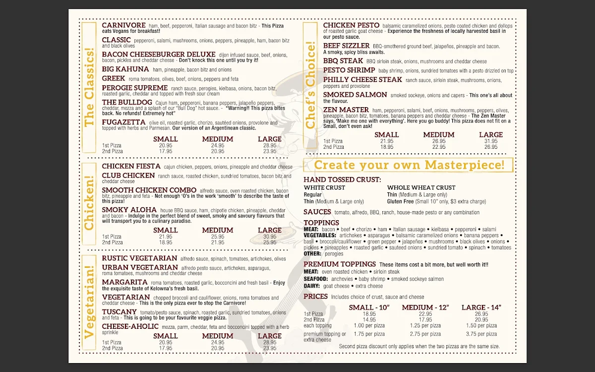 Menu, Hansen's Classic Pizza