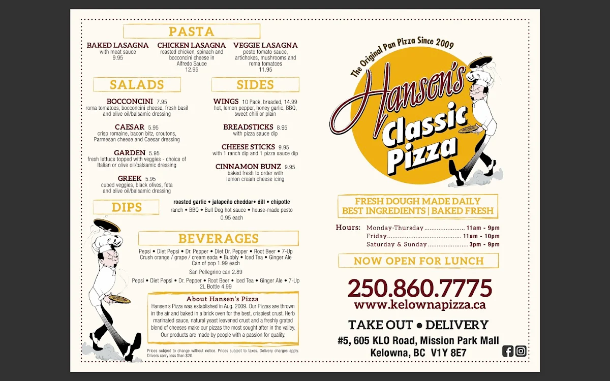 Menu, Hansen's Classic Pizza
