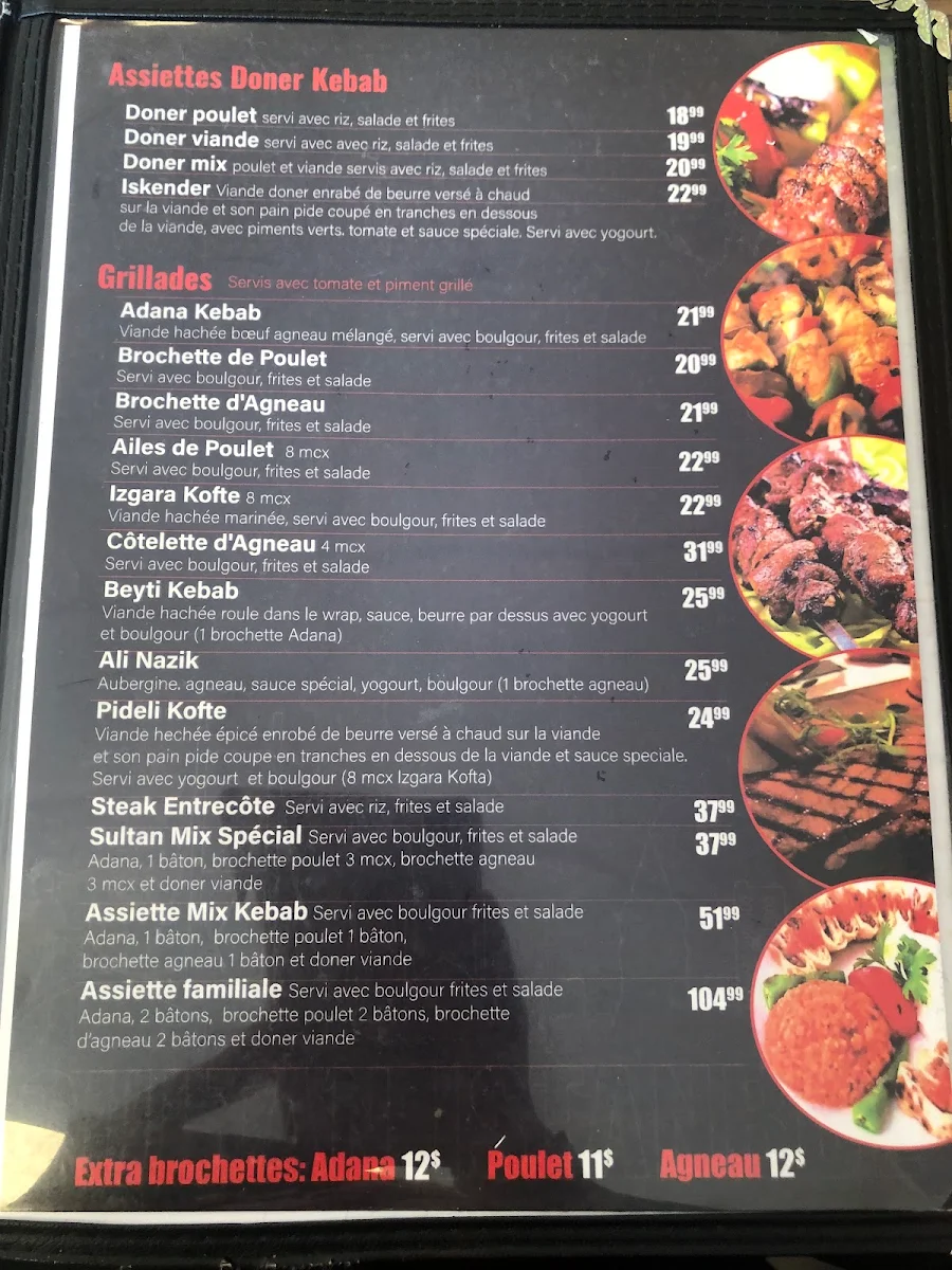 Menu, Sultan Istanbul Kebab