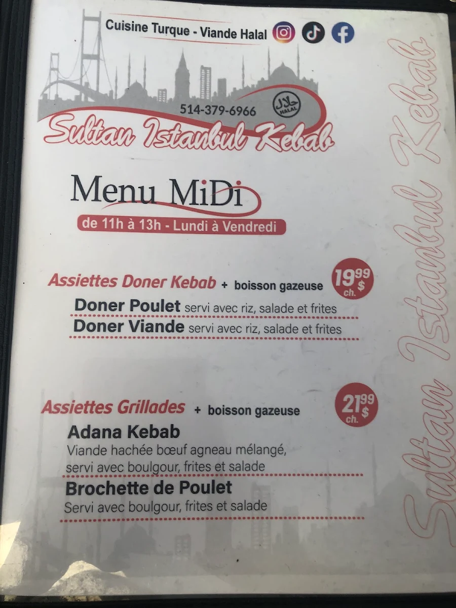 Menu, Sultan Istanbul Kebab
