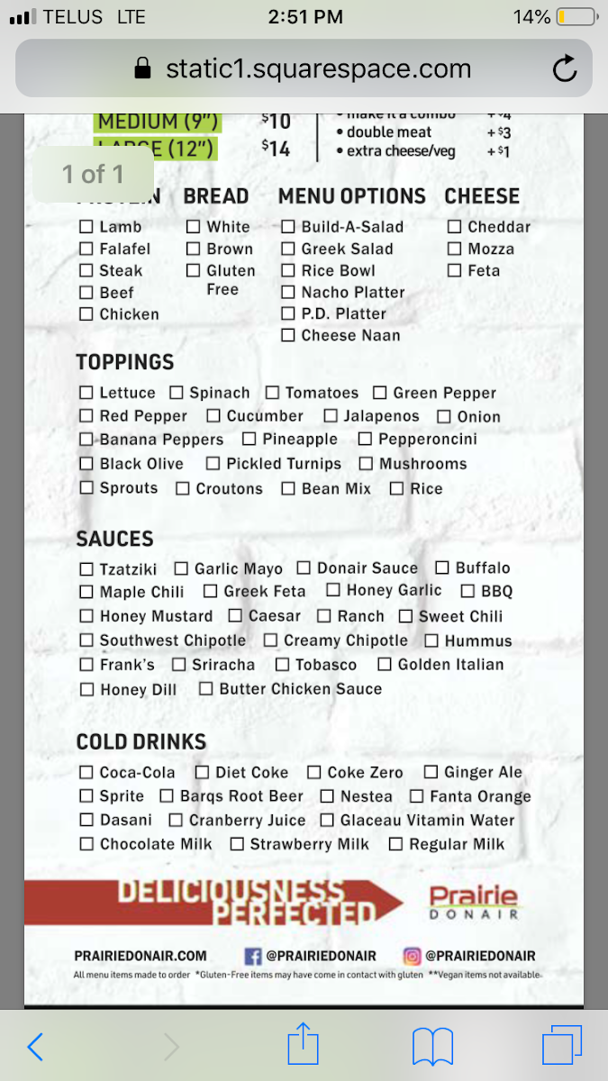 Menu, Prairie Donair Albert St. Regina