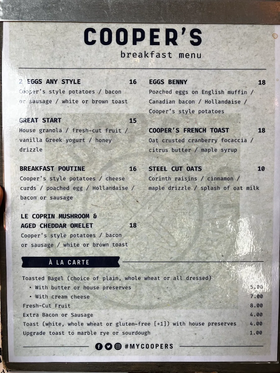 Menu, Cooper's