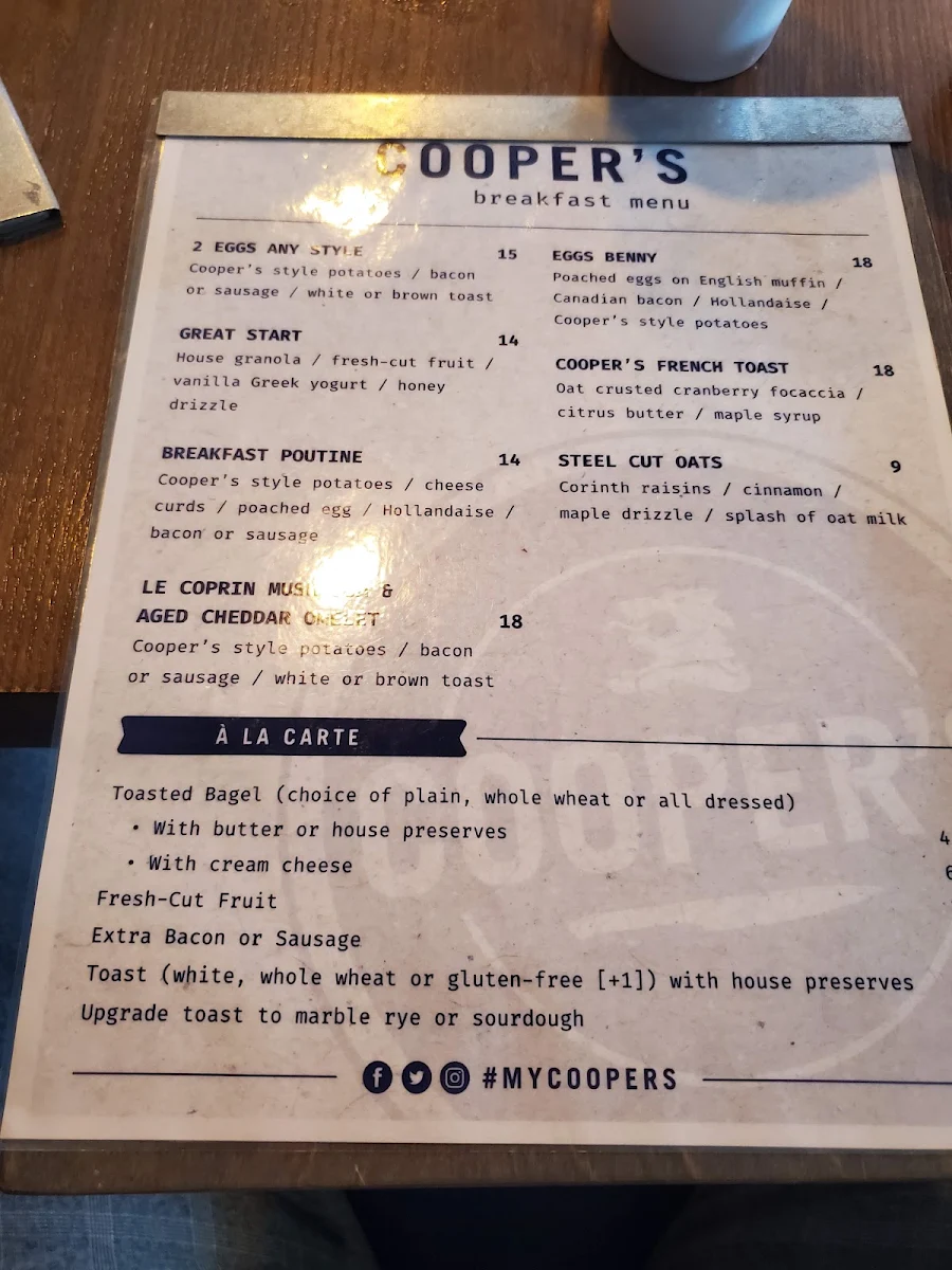 Menu, Cooper's