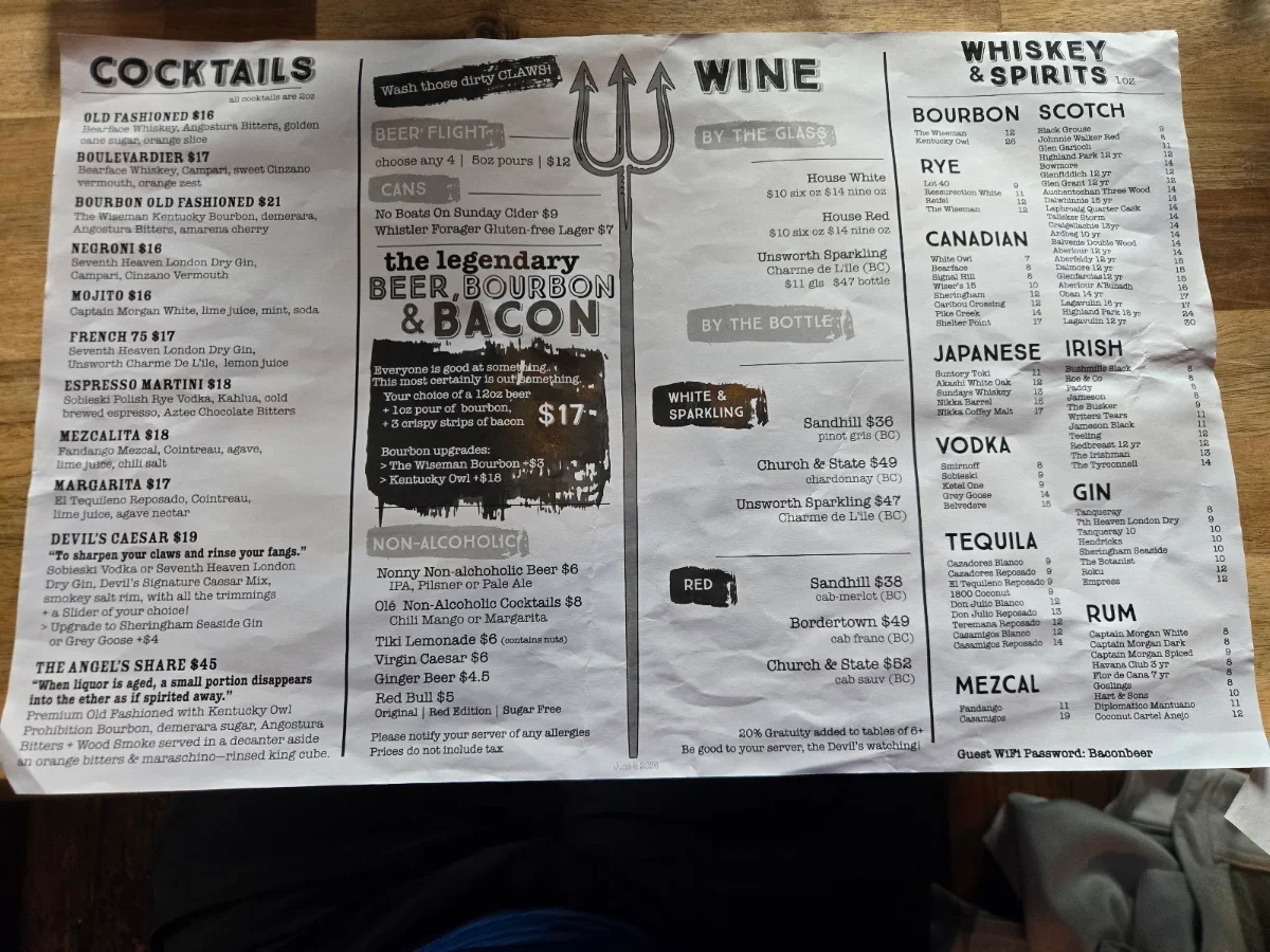 Menu, Devil's Elbow Ale and Smoke House