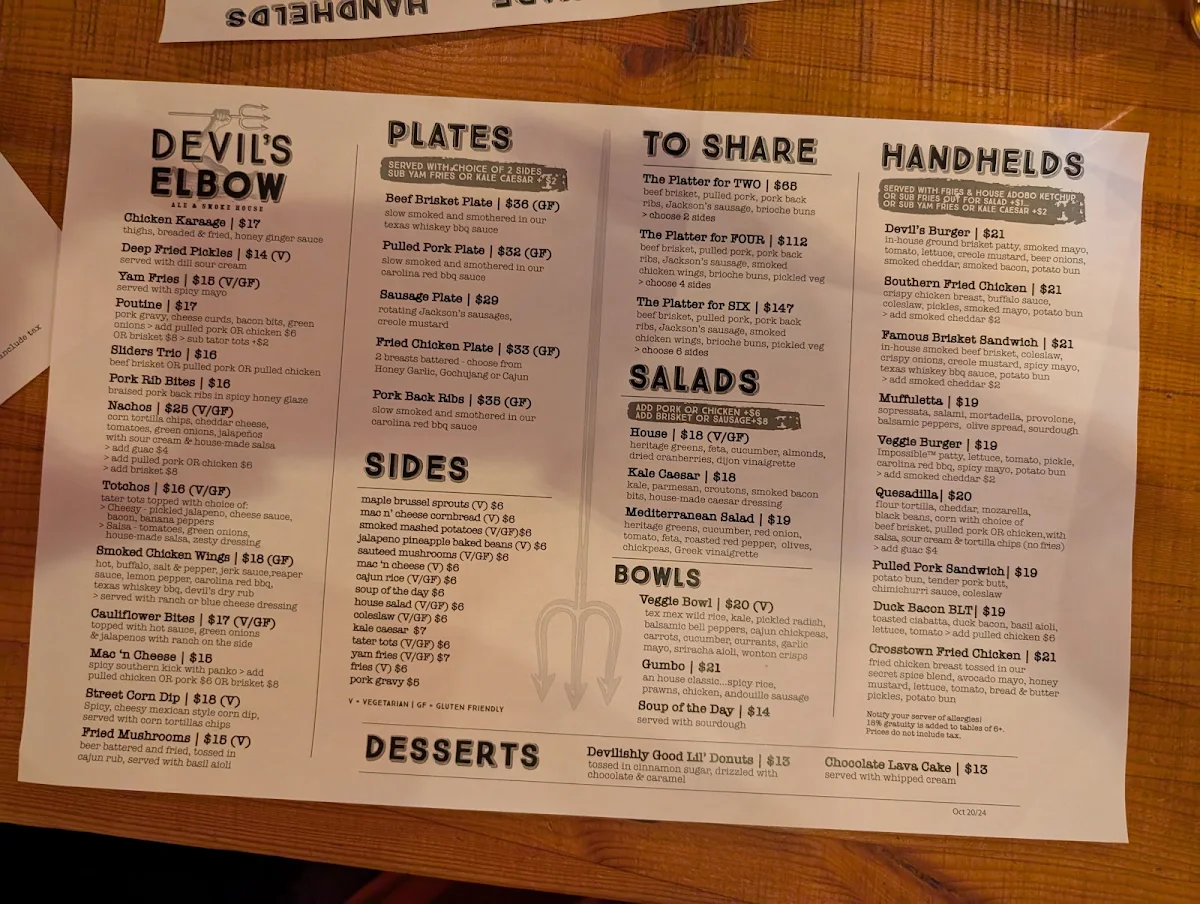 Menu, Devil's Elbow Ale and Smoke House