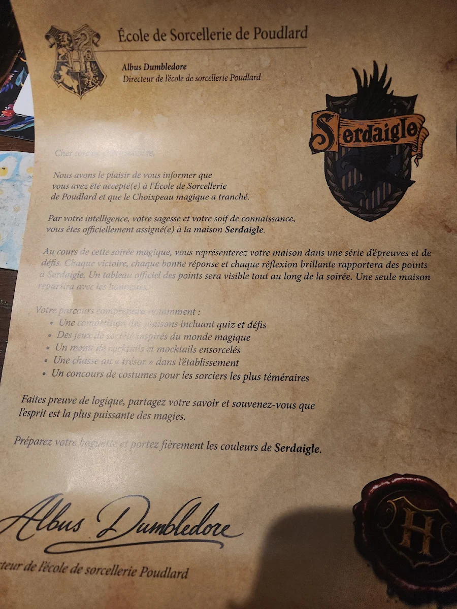 Menu, Sherlock Resto Pub Ludique