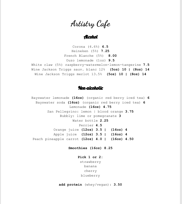 Menu, Artistry Cafe