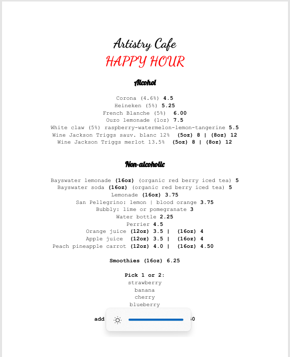 Menu, Artistry Cafe