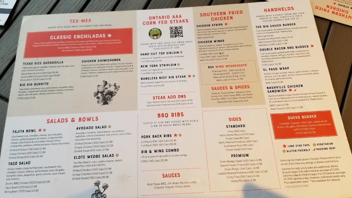 Menu, Lone Star Texas Grill