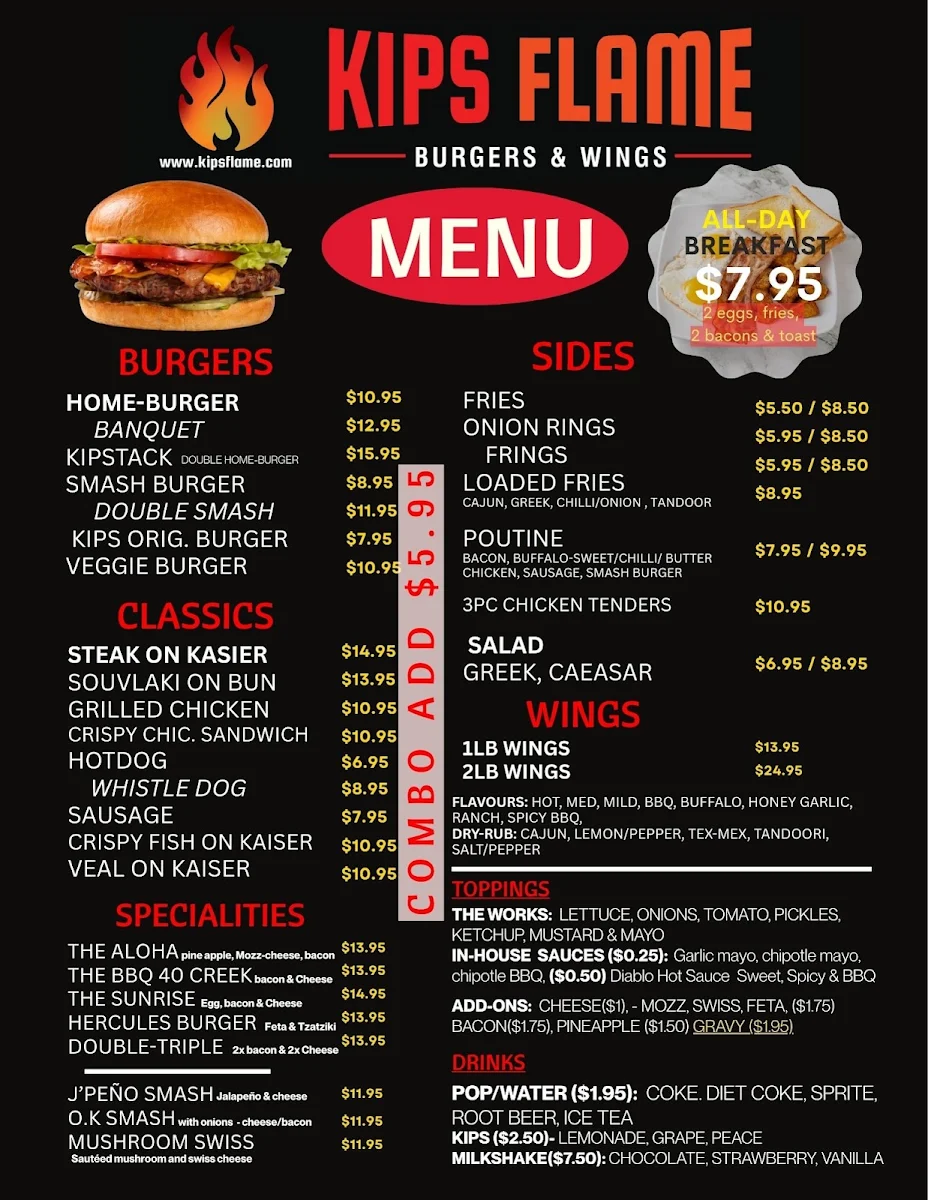 Menu, Kips Flame Homemade Burgers & All-Day Breakfast