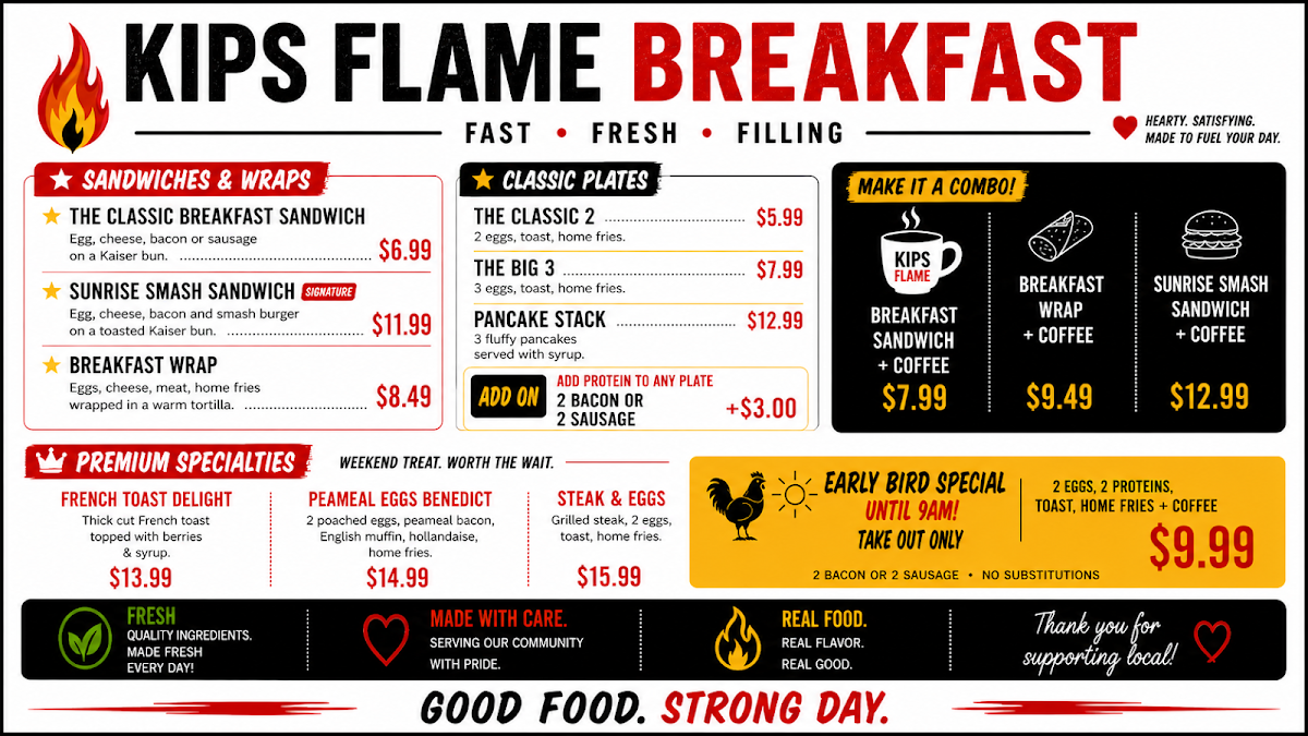 Menu, Kips Flame Homemade Burgers & All-Day Breakfast