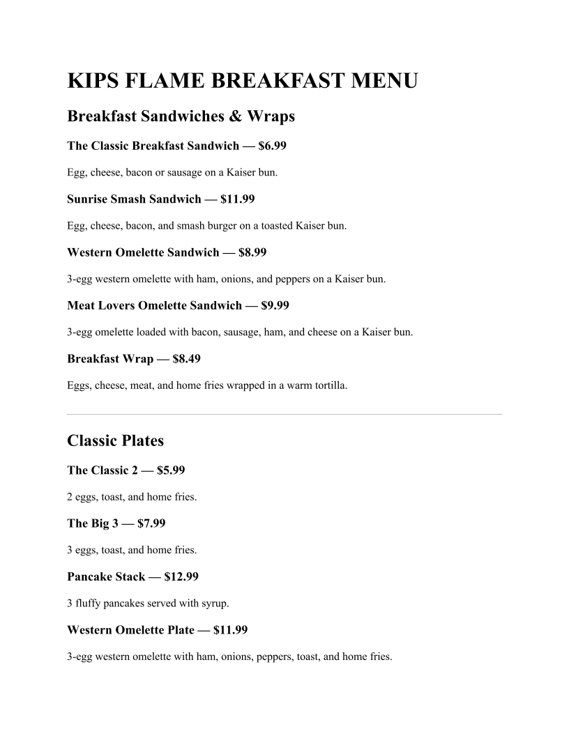 Menu, Kips Flame Homemade Burgers & All-Day Breakfast