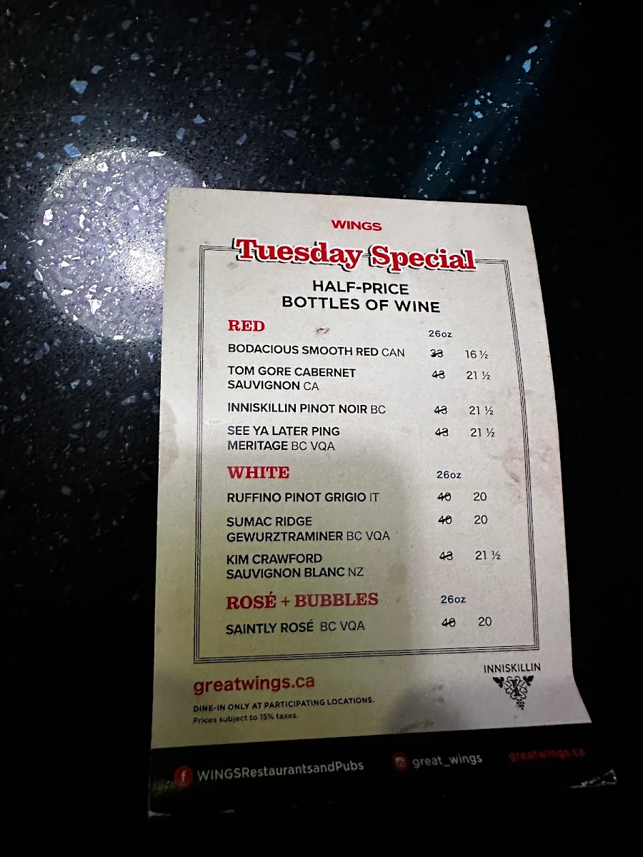 Menu, WINGS Restaurants & Pubs - Surrey