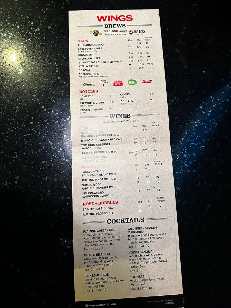 Menu, WINGS Restaurants & Pubs - Surrey