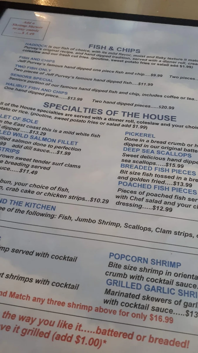 Menu, Jeff Purvey's Fish & Chips