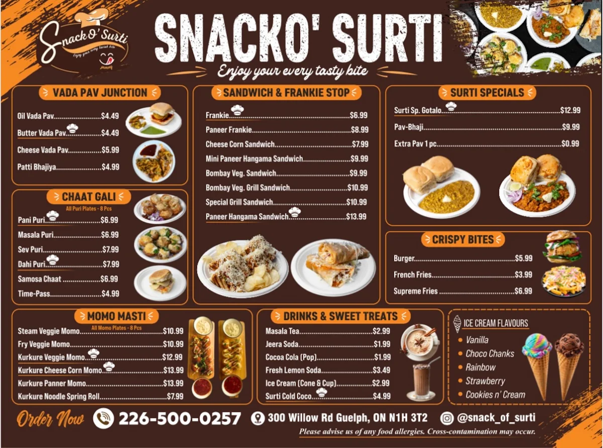 Menu, SnackO’ Surti