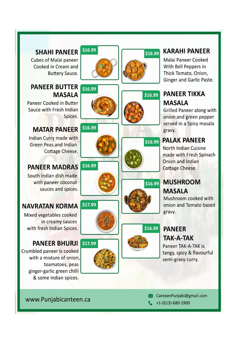Menu, Punjabi Canteen (Nepean)