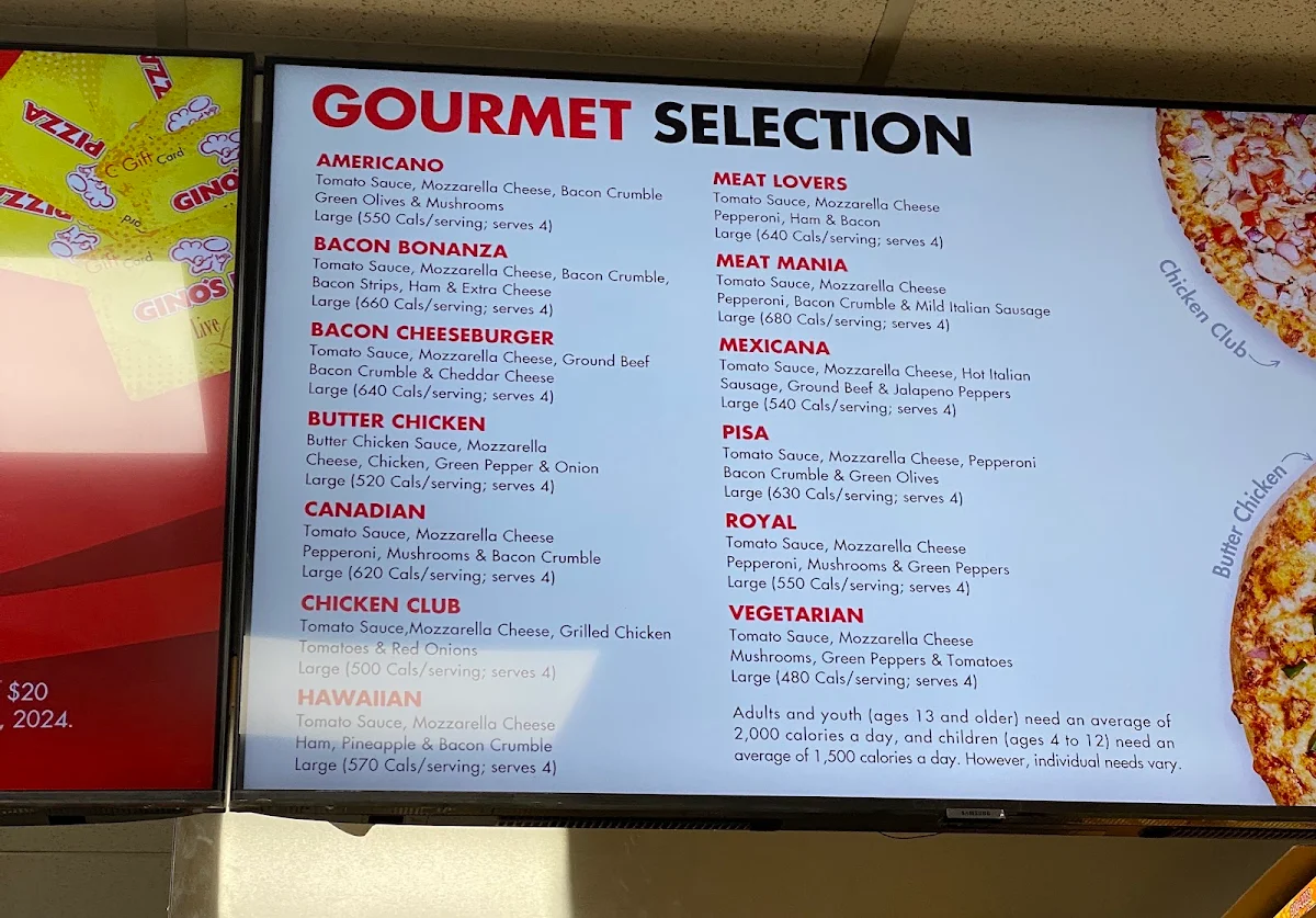 Menu, Gino's Pizza