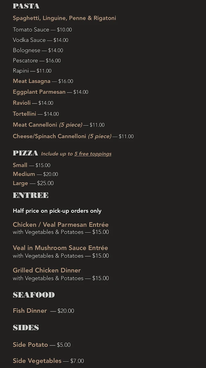 Menu, Lago Cafe