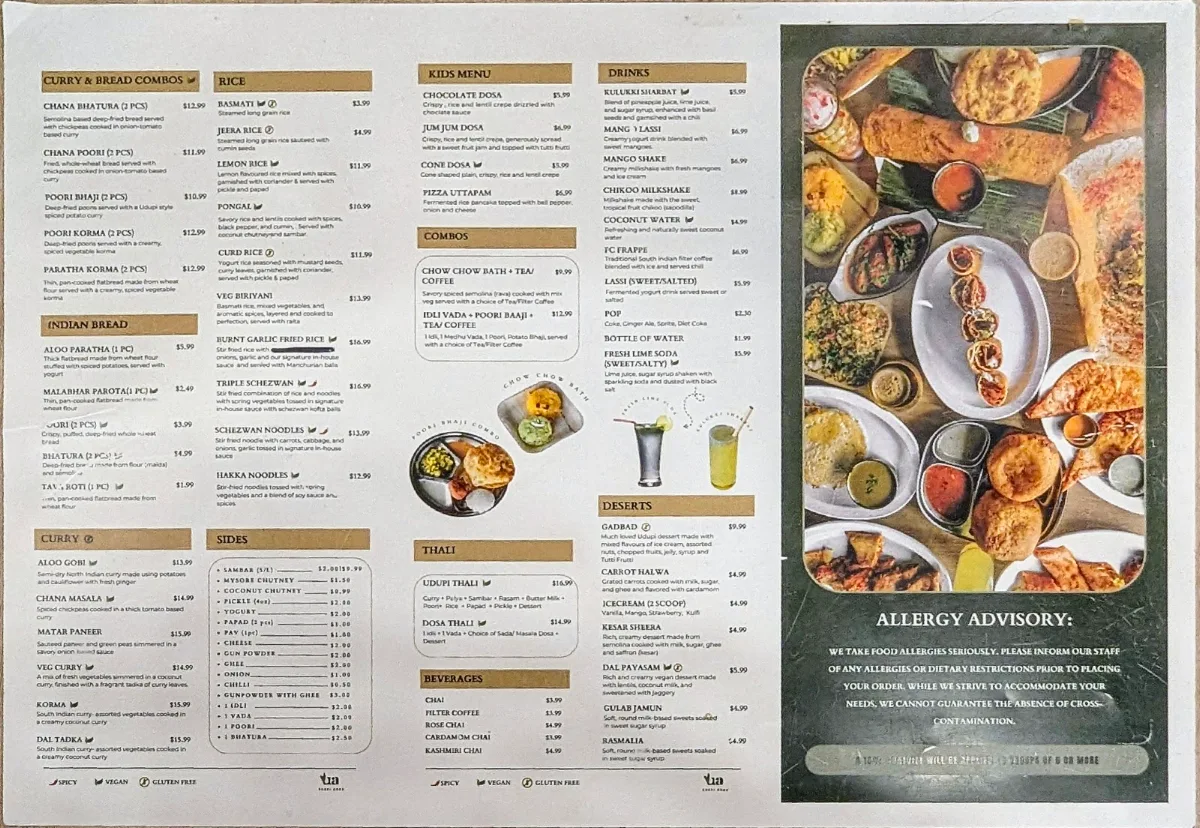 Menu, Udupi Adda (South Indian Vegetarian Restaurant)