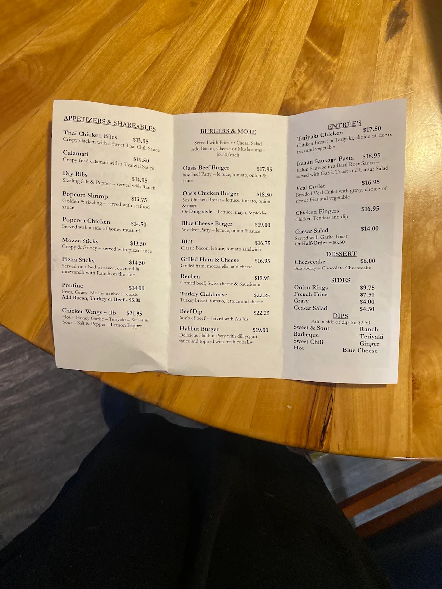 Menu, Oasis Pub Inc