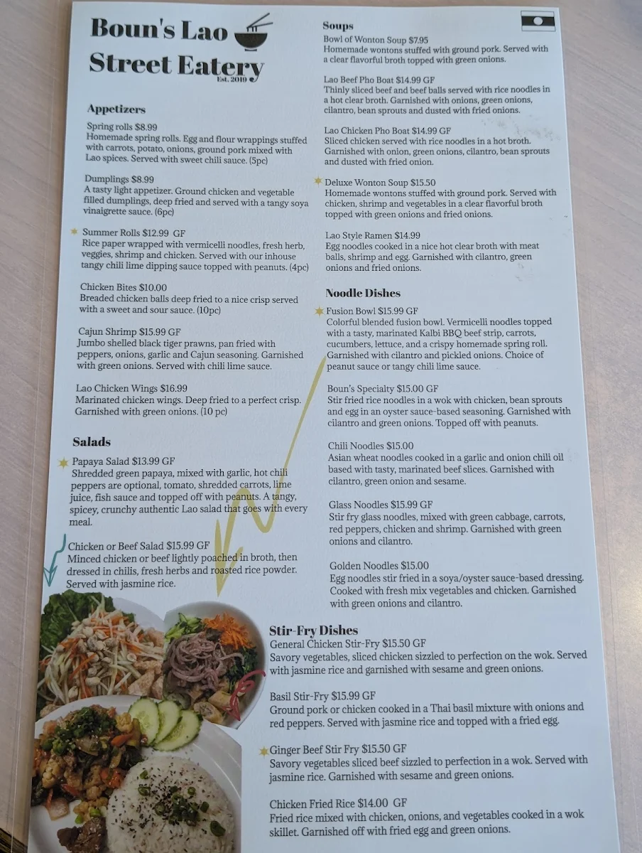 Menu, Boun's Lao Street Eatery