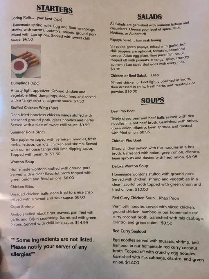 Menu, Boun's Lao Street Eatery