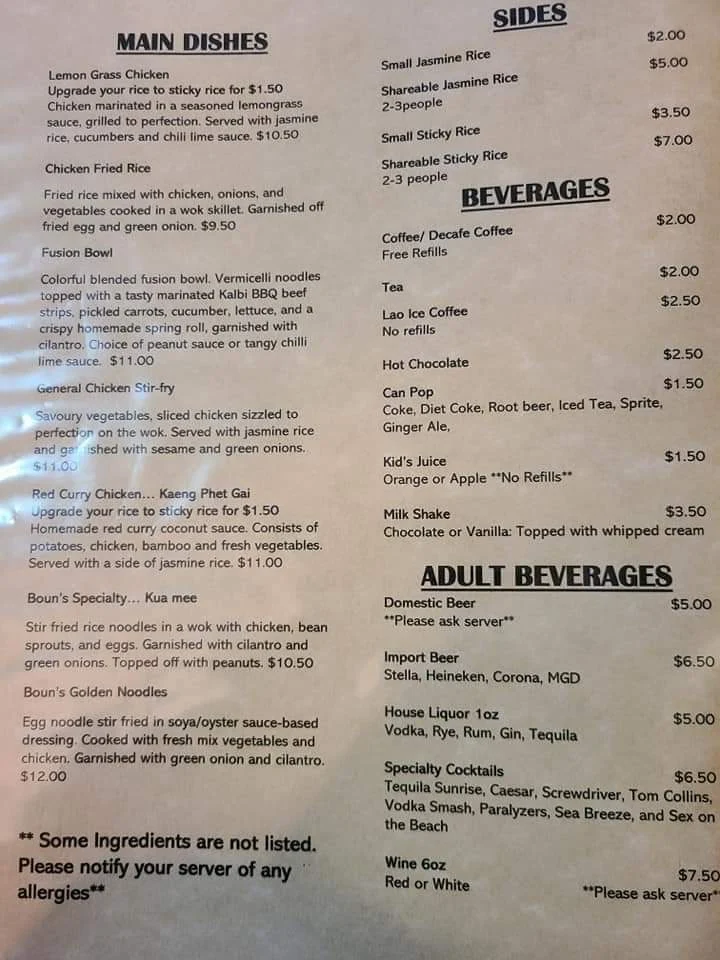 Menu, Boun's Lao Street Eatery