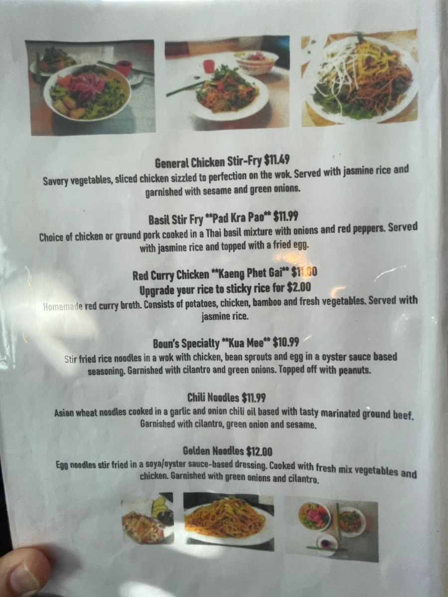 Menu, Boun's Lao Street Eatery
