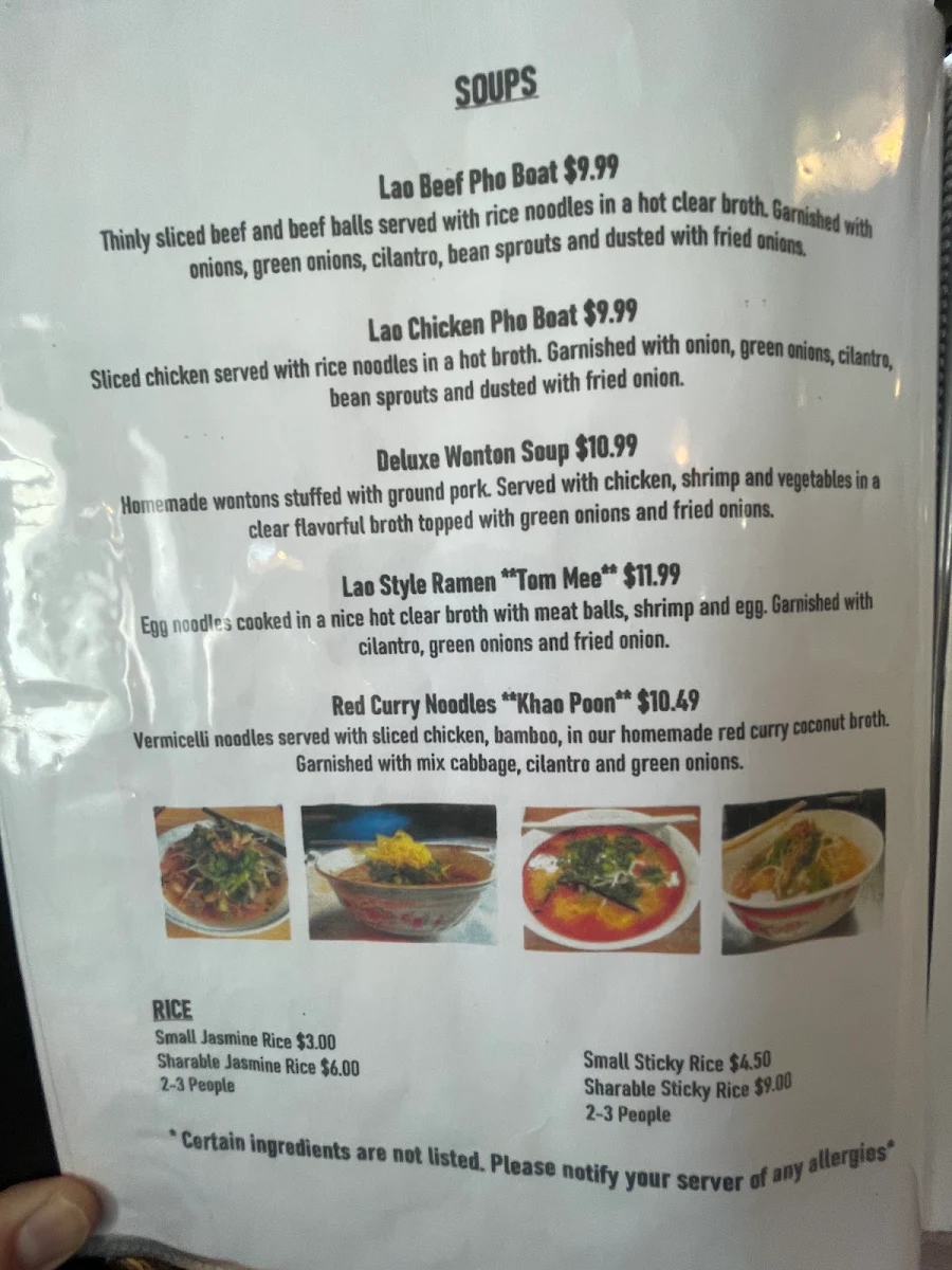 Menu, Boun's Lao Street Eatery