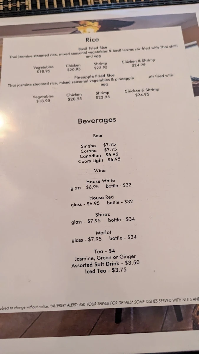 Menu, Bualai Taste of Thai